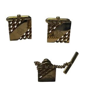 Christian Dior Vintage Gold-Tone Square Cufflinks & Tie Tack Set  Formal Jewelry